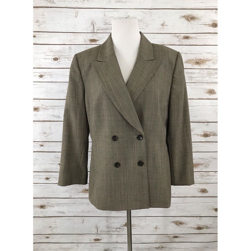 Tahari by ASL Brown‎ 14p Petite Plaid Print Blazer 100% Wool double breasted